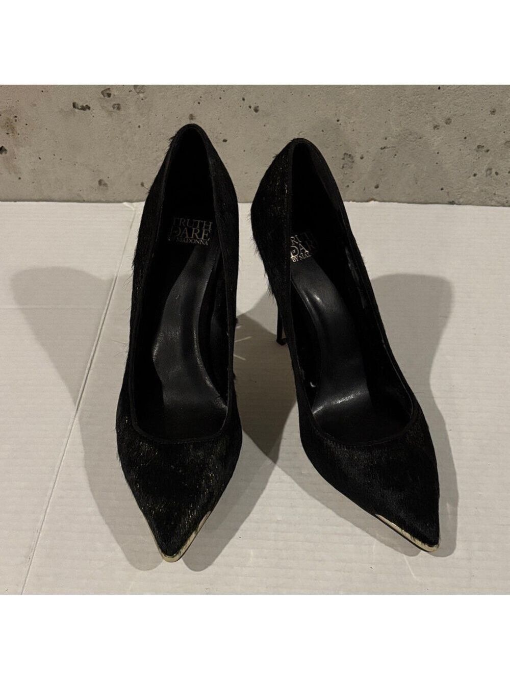 Truth or Dare by Madonna Gold Accented Black Calf Hair Pointed Toe Pumps-SZ 9.5
